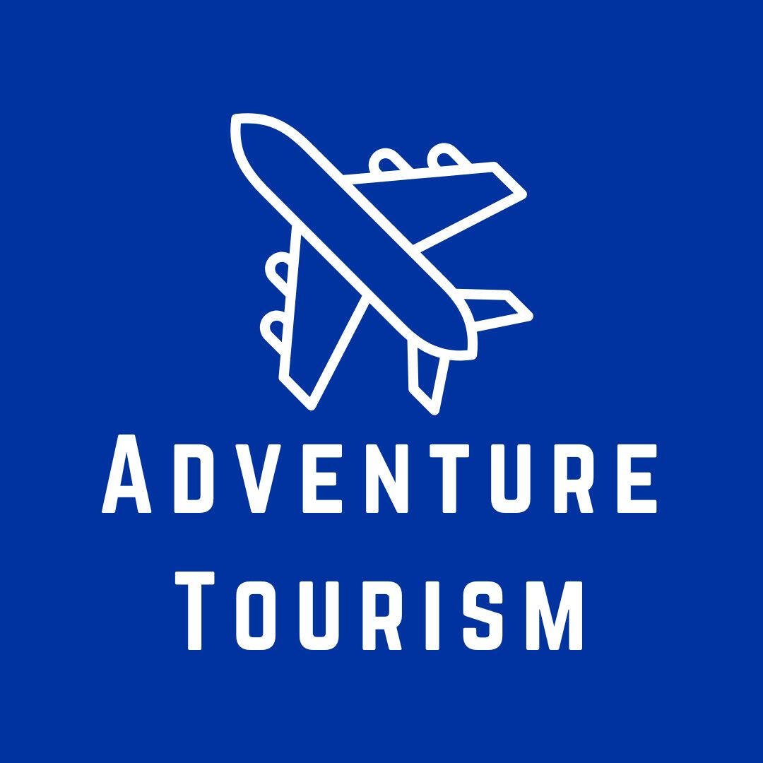 blue logo for adventure tourism, image is a drawing of an airplane above text that reads "adventure tourism"